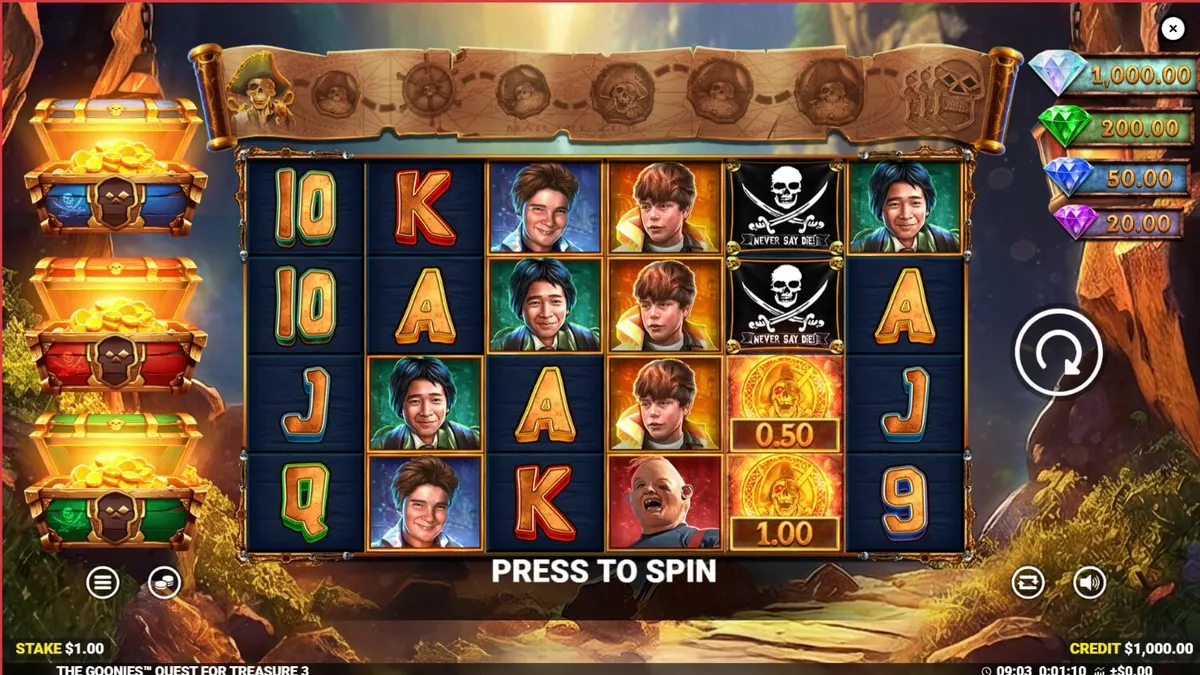 Tampilan visual slot The Goonies Quest for Treasure 3 dengan tema petualangan bajak laut.