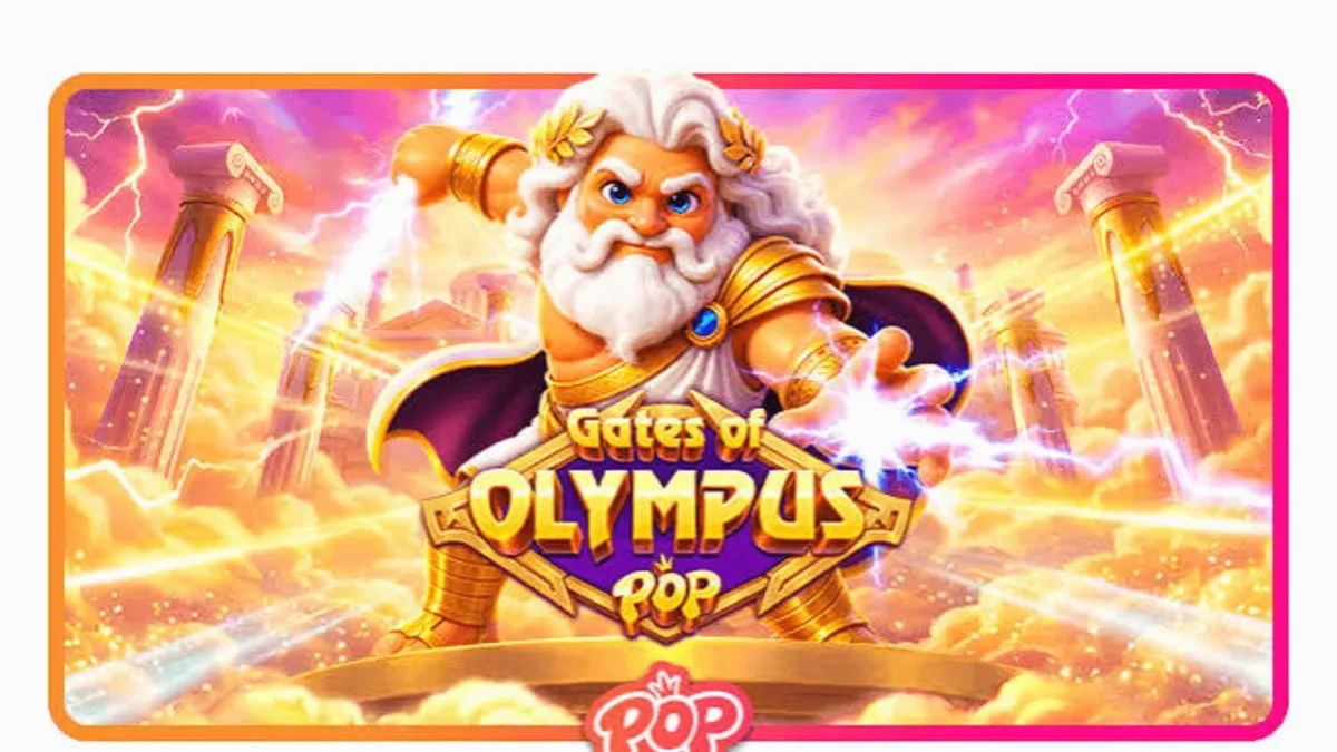 Tampilan visual slot Gates of Olympus POP dengan Zeus yang ramah dan grid 3x5 yang berkilauan.